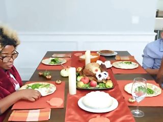 Dude Fucks Dark-hued Teenage With Pierced Puffies On Thanksgiving Table